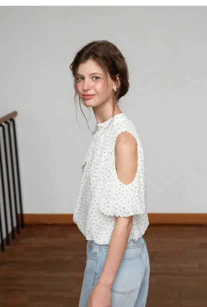 Polka Dot Cold Shoulder Cropped Blouse