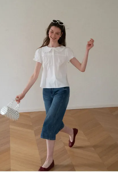 Ruffled Collar Short Sleeve Blouse