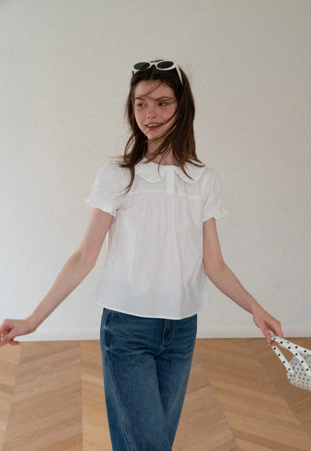 Ruffled Collar Short Sleeve Blouse