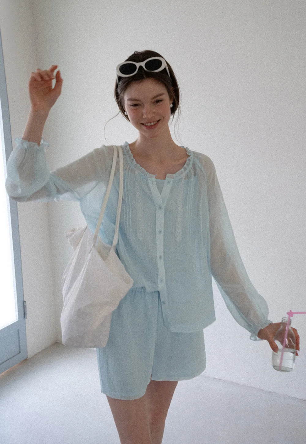 Sheer Ruffled Collar Button Up Shirt and Shorts Set