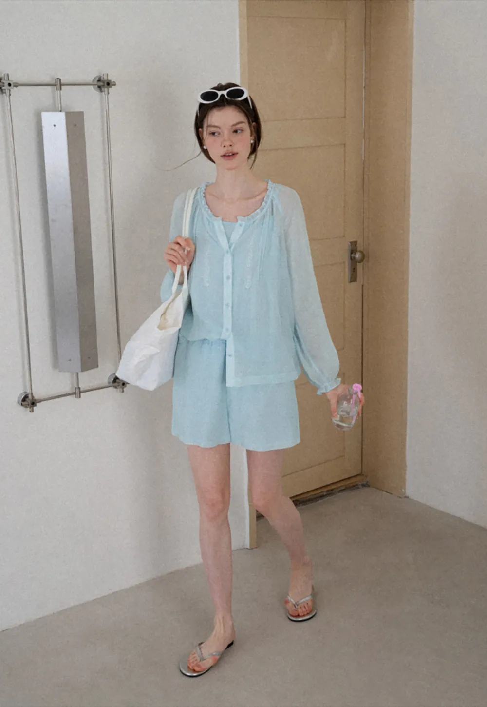 Sheer Ruffled Collar Button Up Shirt and Shorts Set
