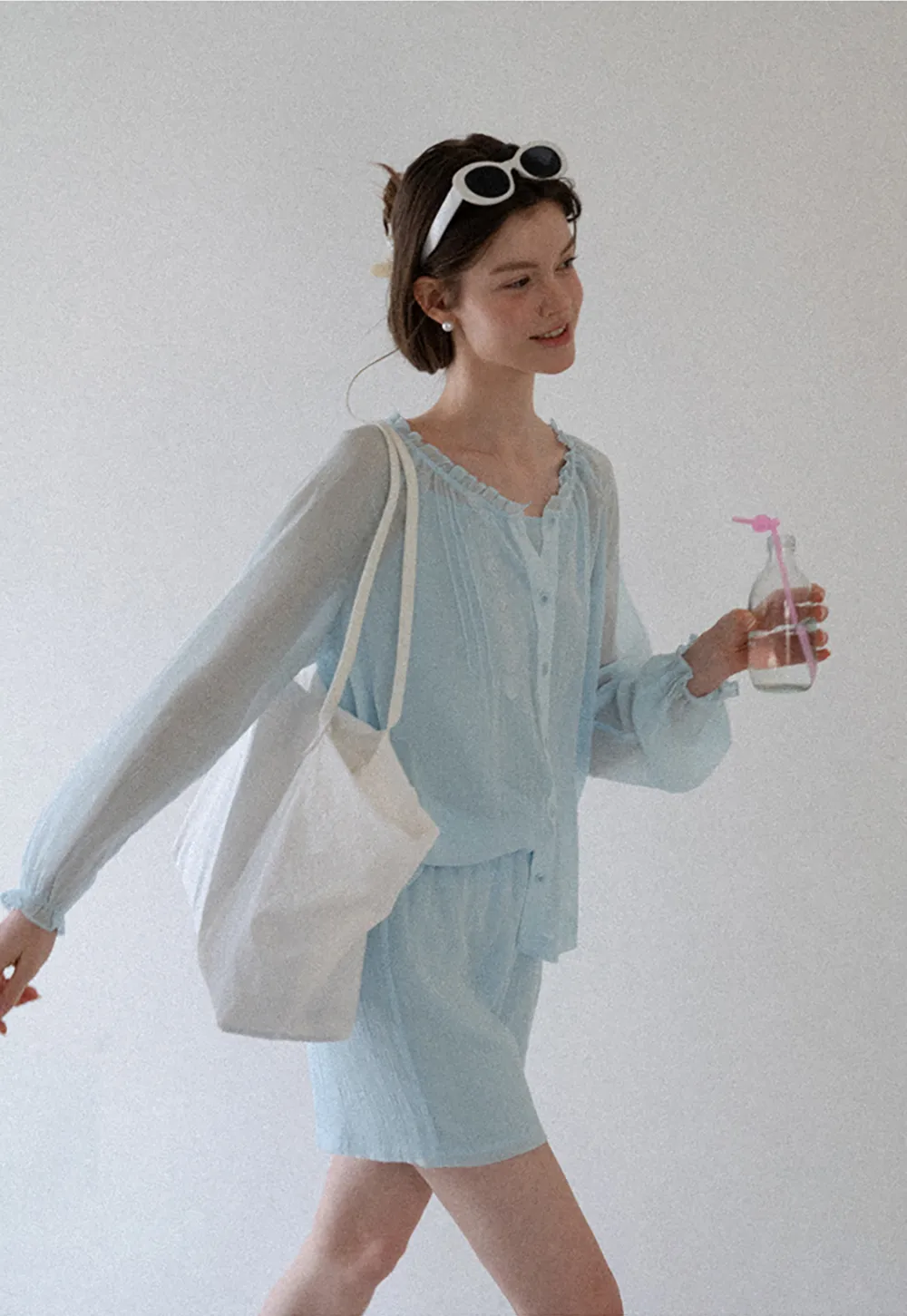 Sheer Ruffled Collar Button Up Shirt and Shorts Set