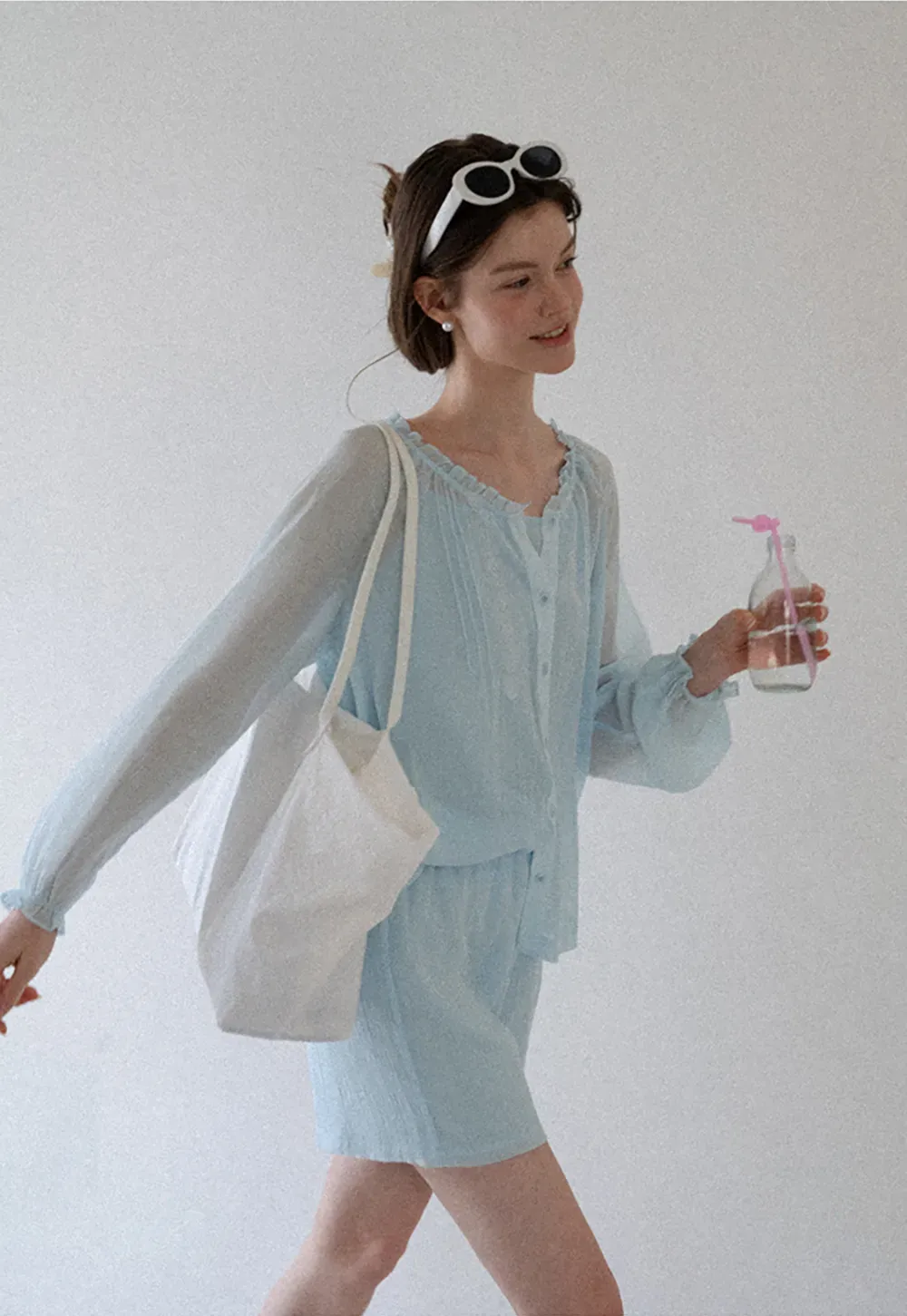 Sheer Ruffled Collar Button Up Shirt and Shorts Set