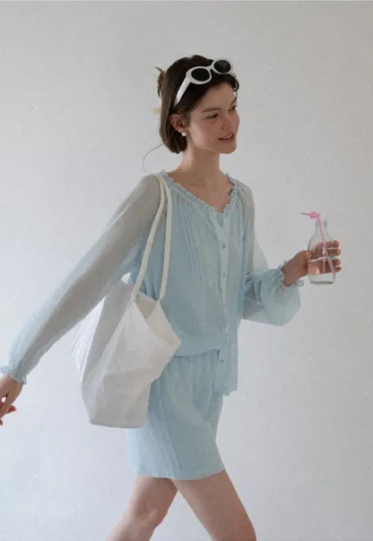 Sheer Ruffled Collar Button Up Shirt and Shorts Set