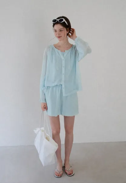 Sheer Ruffled Collar Button Up Shirt and Shorts Set