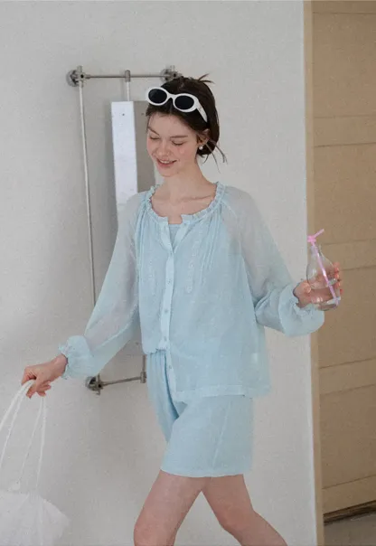 Sheer Ruffled Collar Button Up Shirt and Shorts Set