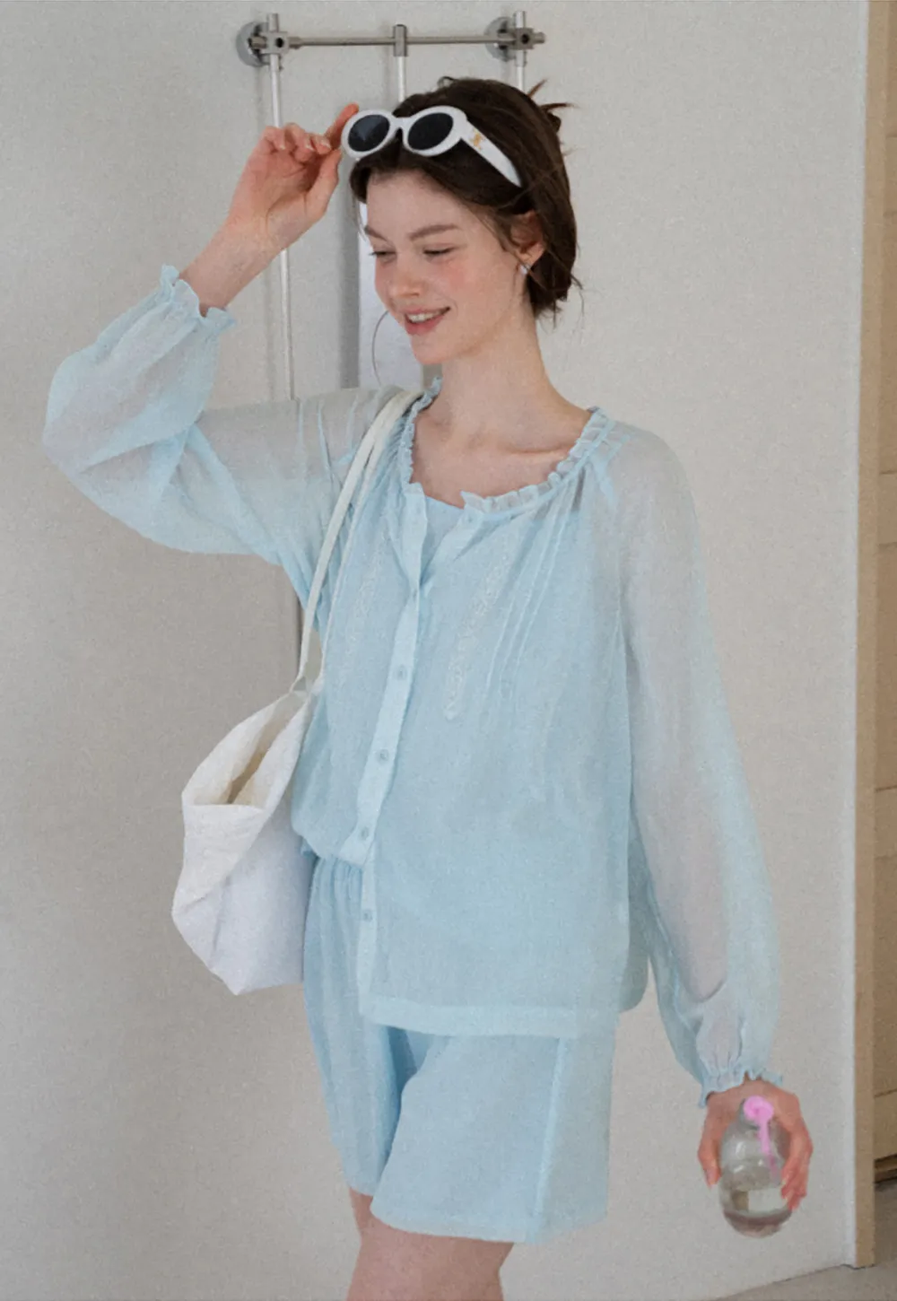 Sheer Ruffled Collar Button Up Shirt and Shorts Set
