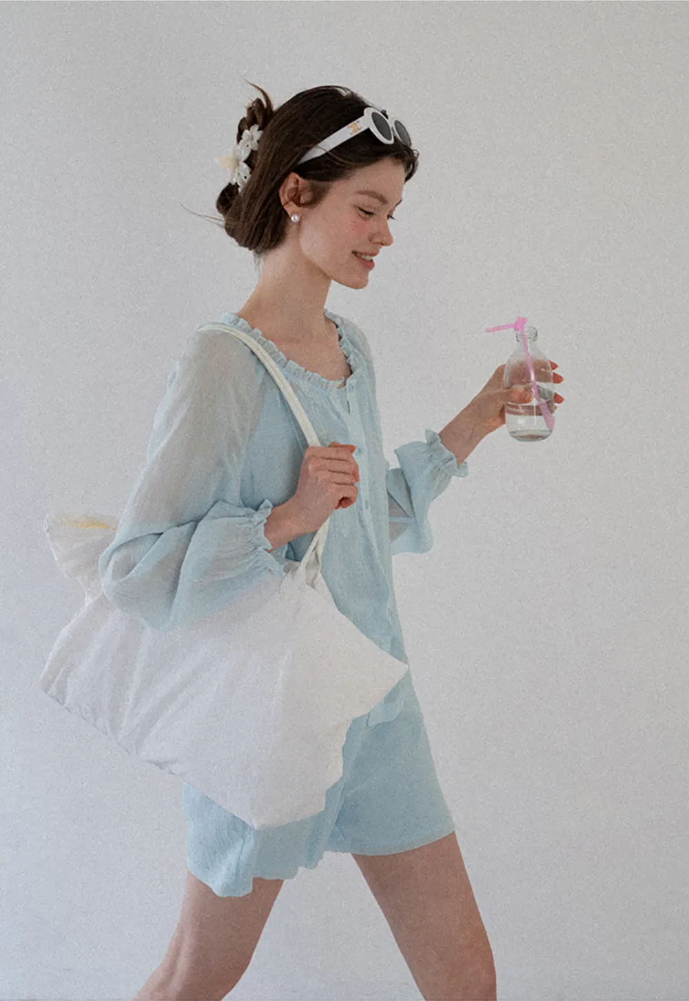 Sheer Ruffled Collar Button Up Shirt and Shorts Set