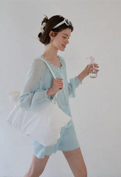 Sheer Ruffled Collar Button Up Shirt and Shorts Set