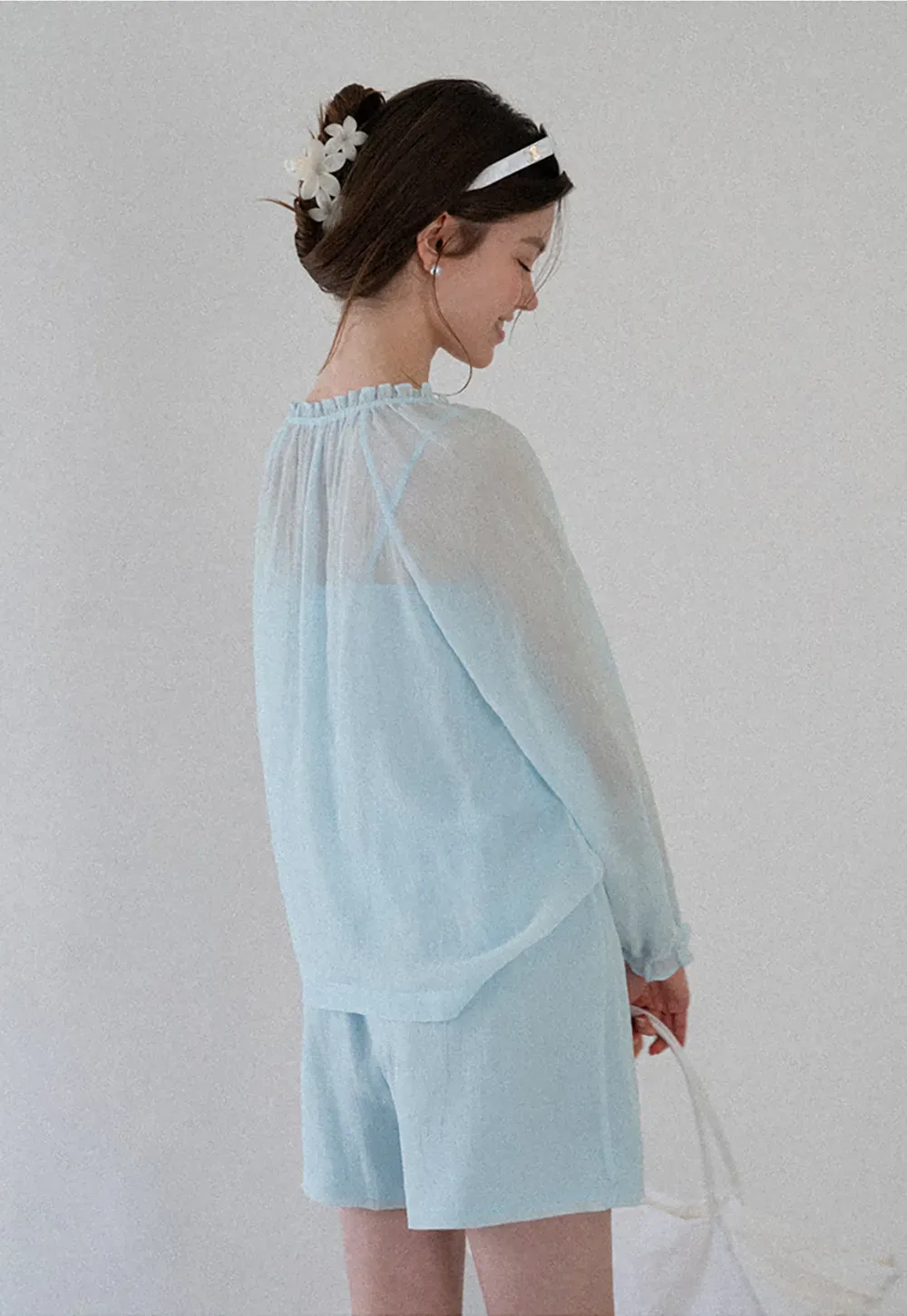 Sheer Ruffled Collar Button Up Shirt and Shorts Set