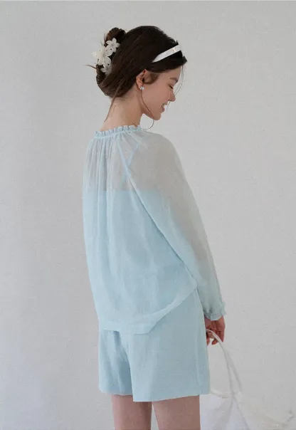 Sheer Ruffled Collar Button Up Shirt and Shorts Set