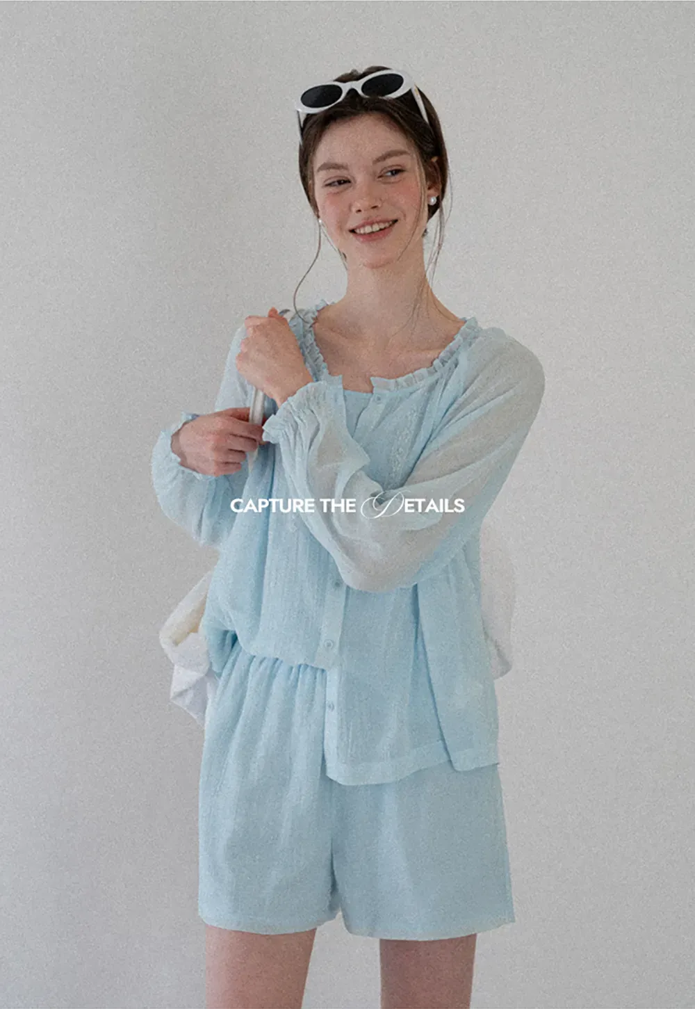 Sheer Ruffled Collar Button Up Shirt and Shorts Set