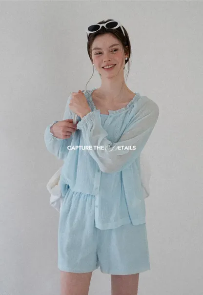 Sheer Ruffled Collar Button Up Shirt and Shorts Set