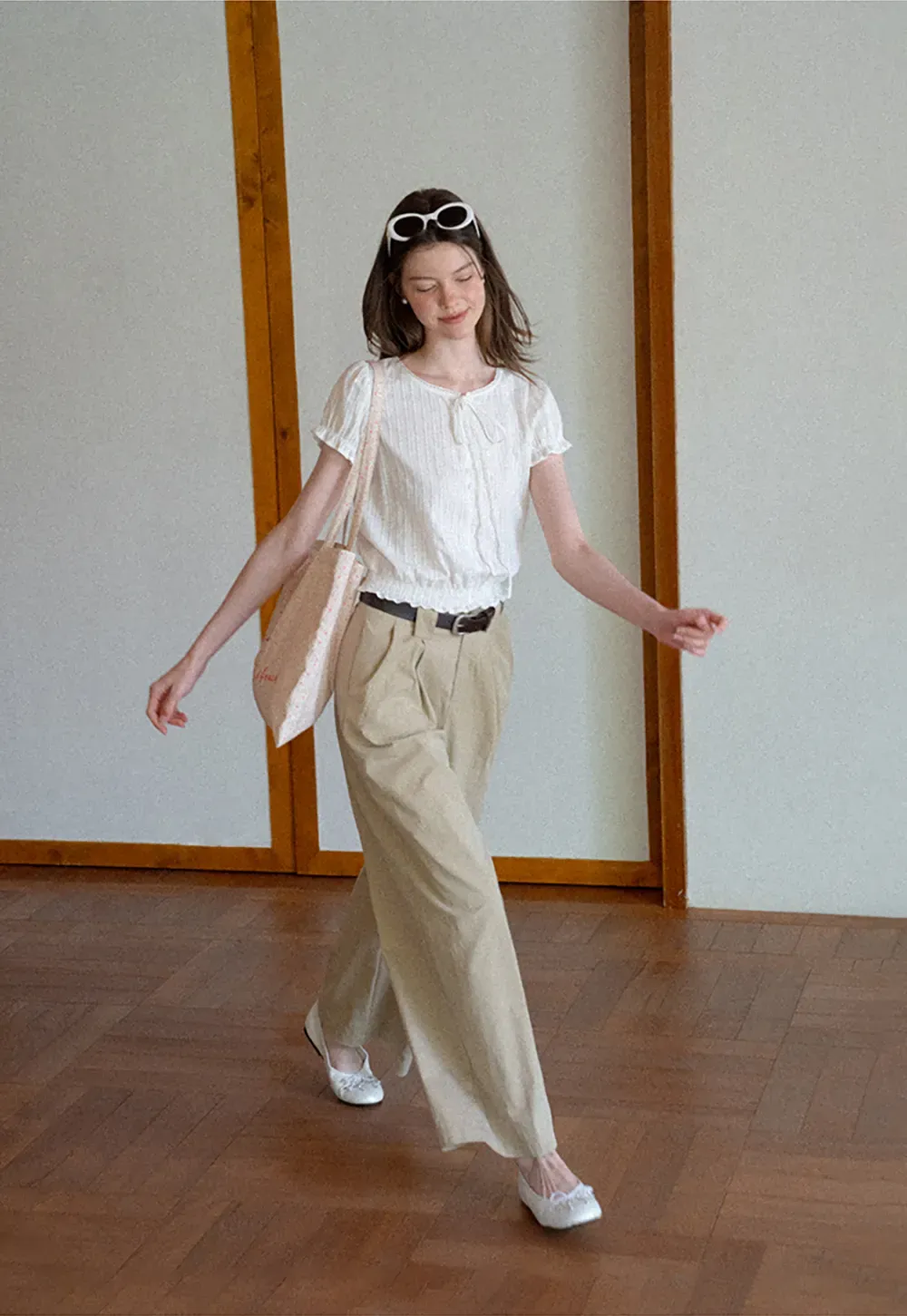 Pleated Short Sleeve Blouse with Ruffled Neckline
