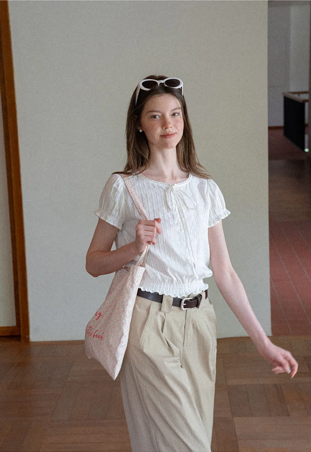 Pleated Short Sleeve Blouse with Ruffled Neckline
