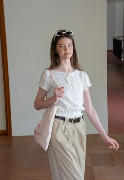 Pleated Short Sleeve Blouse with Ruffled Neckline