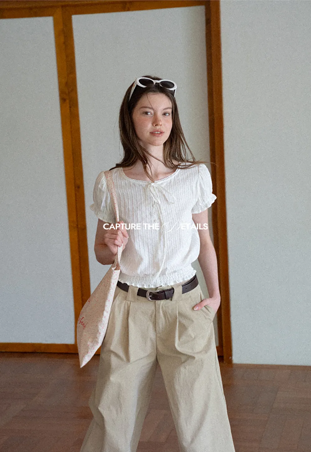 Pleated Short Sleeve Blouse with Ruffled Neckline
