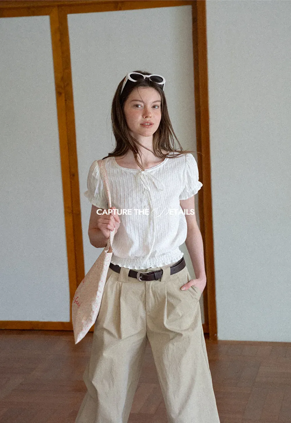 Pleated Short Sleeve Blouse with Ruffled Neckline