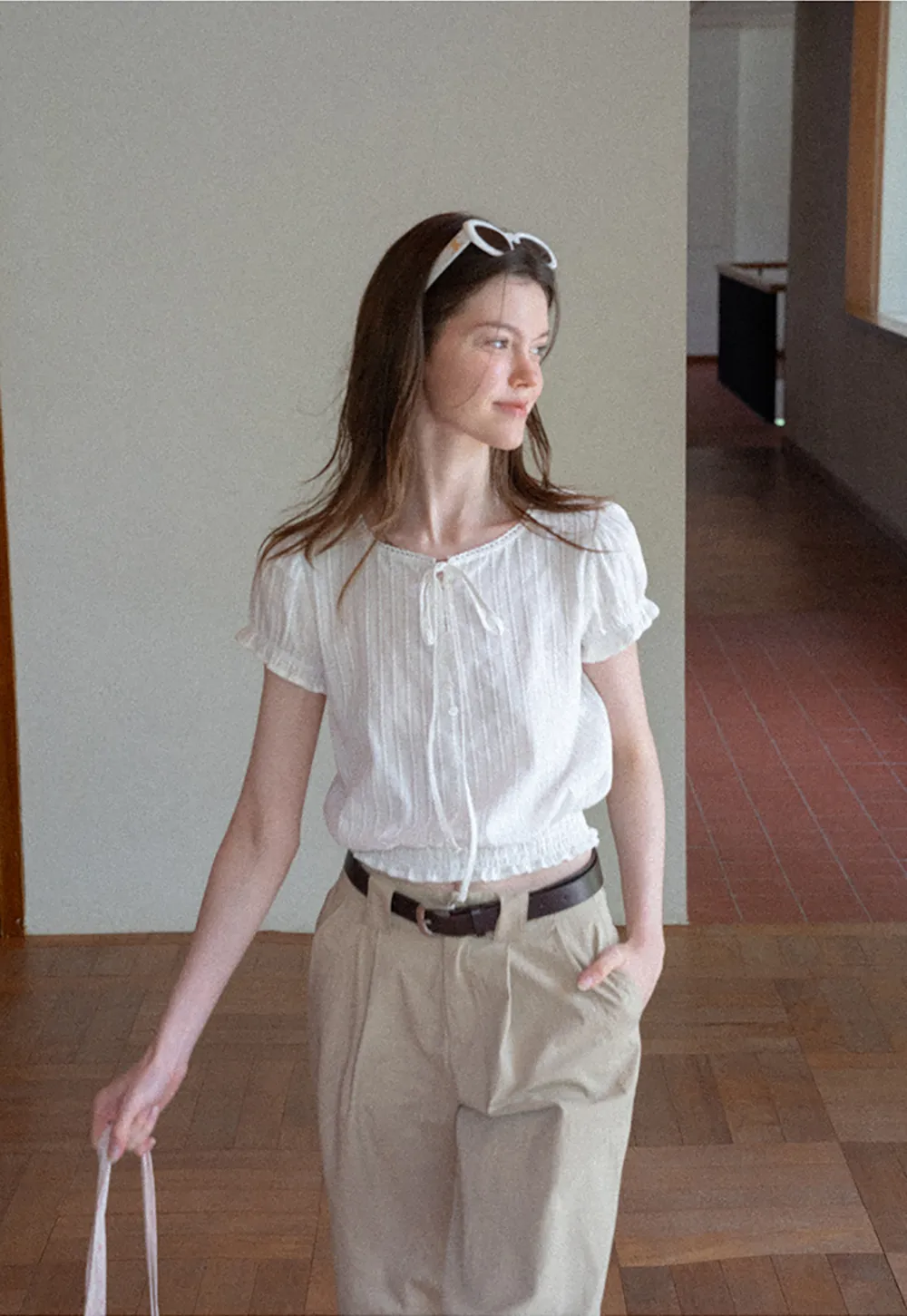 Pleated Short Sleeve Blouse with Ruffled Neckline