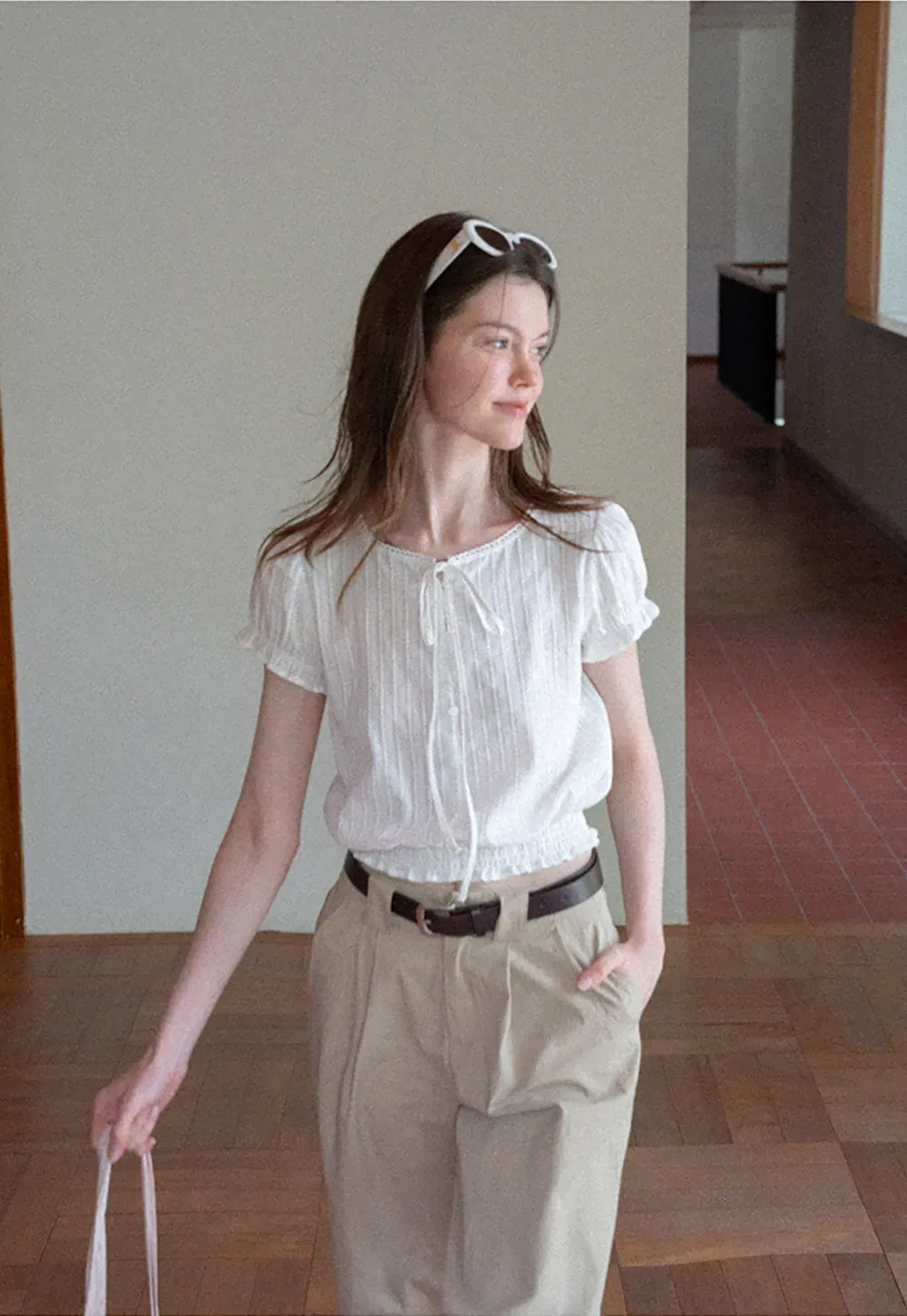 Pleated Short Sleeve Blouse with Ruffled Neckline