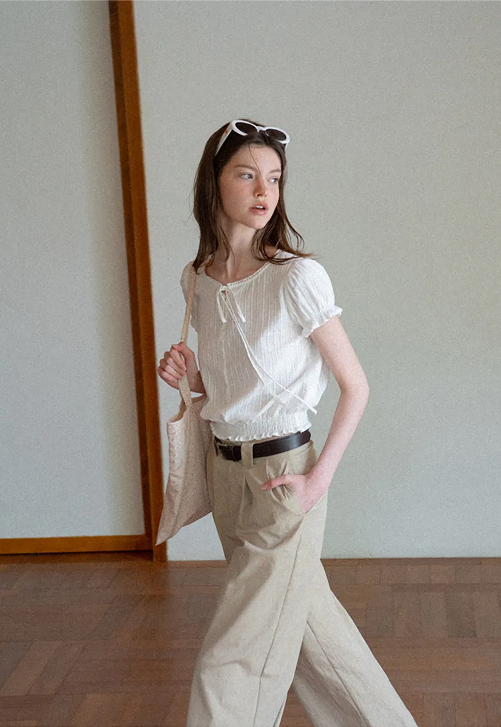 Pleated Short Sleeve Blouse with Ruffled Neckline