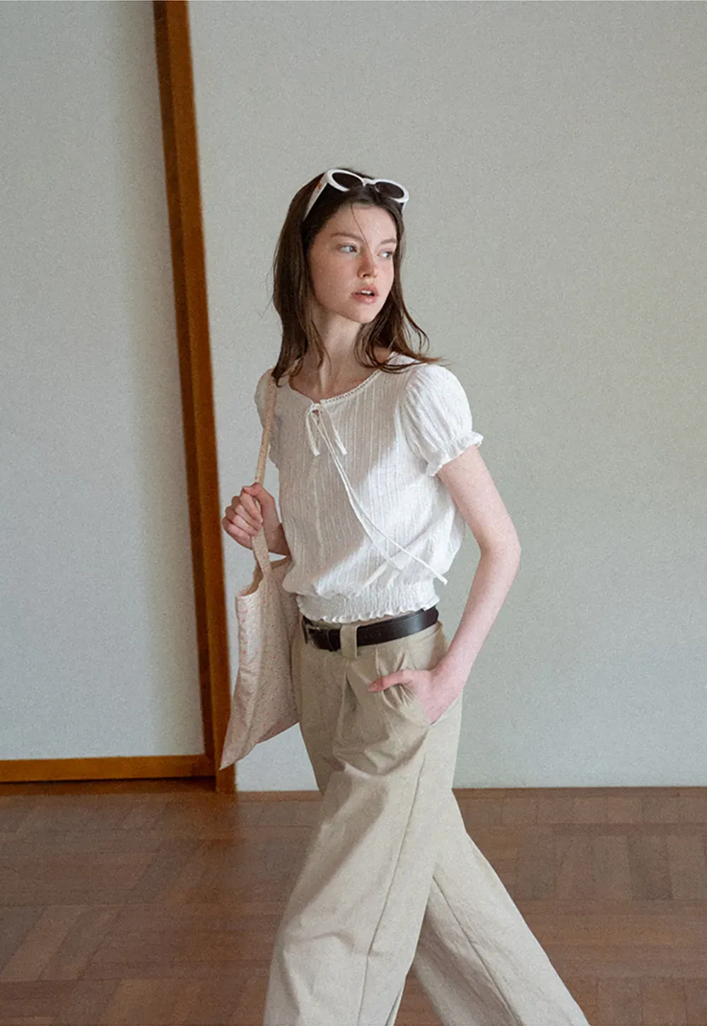 Pleated Short Sleeve Blouse with Ruffled Neckline