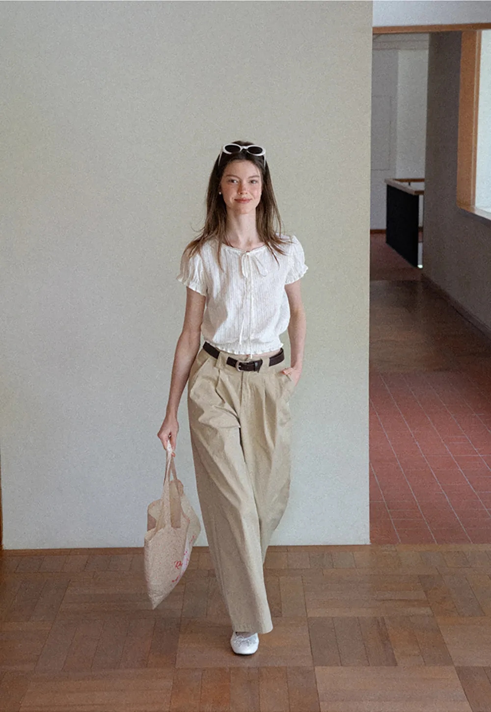 Pleated Short Sleeve Blouse with Ruffled Neckline