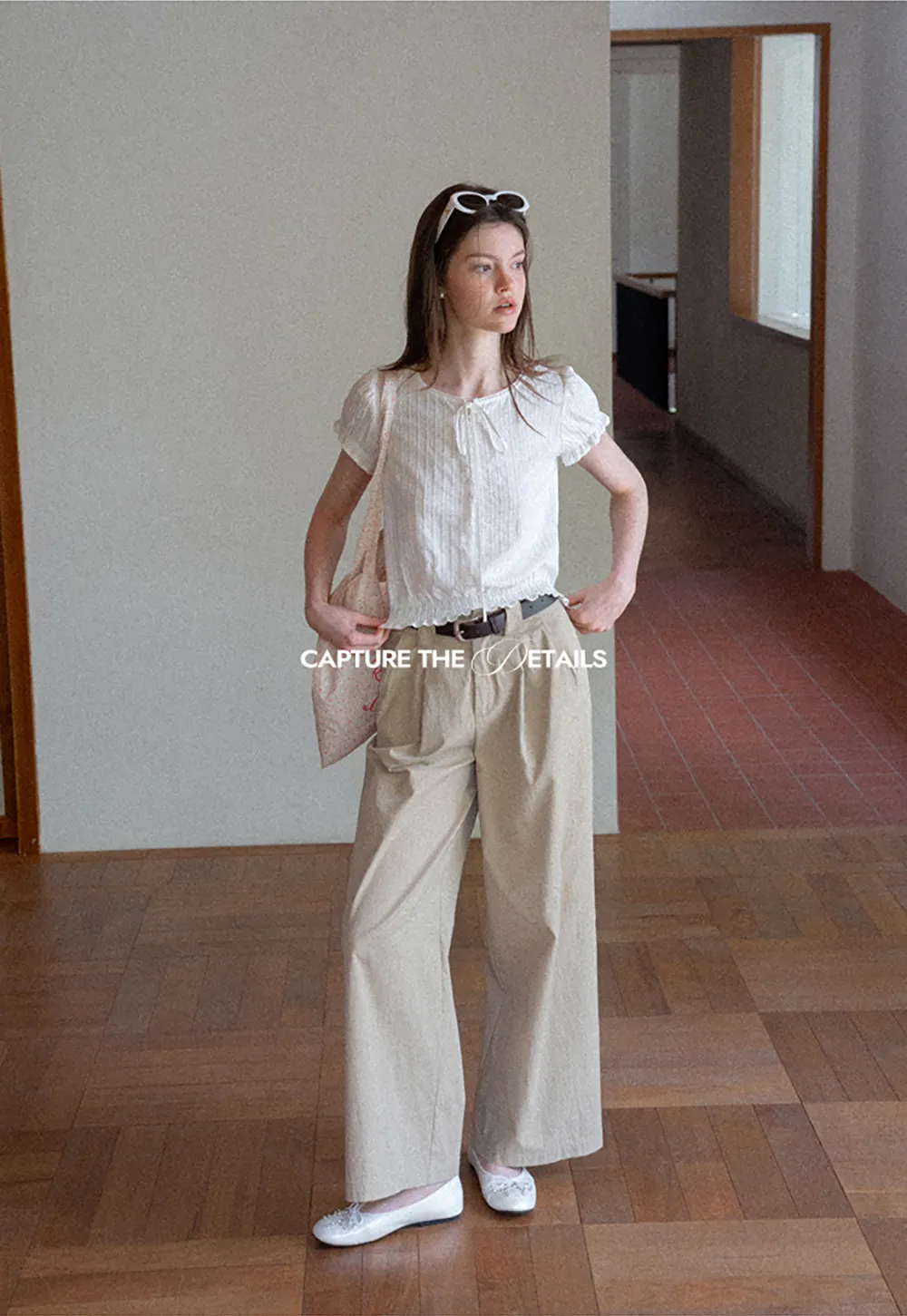 Pleated Short Sleeve Blouse with Ruffled Neckline