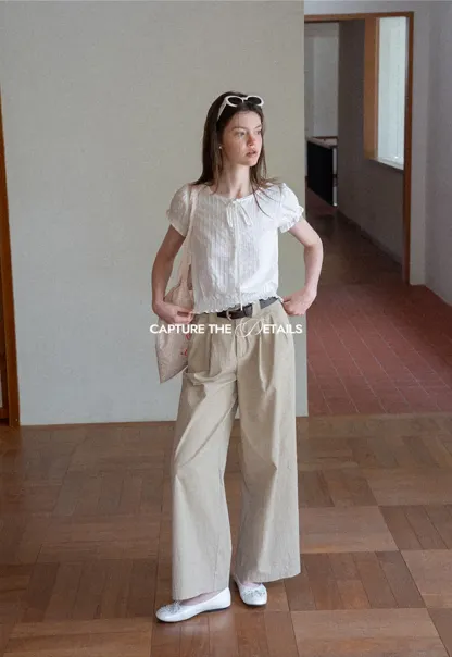 Pleated Short Sleeve Blouse with Ruffled Neckline