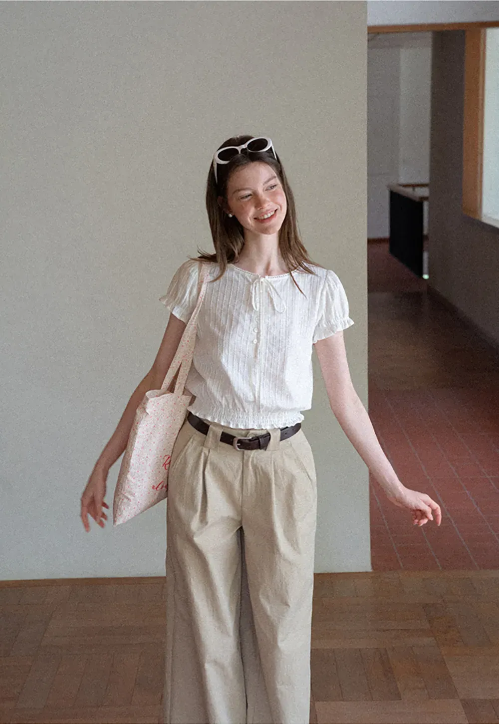 Pleated Short Sleeve Blouse with Ruffled Neckline
