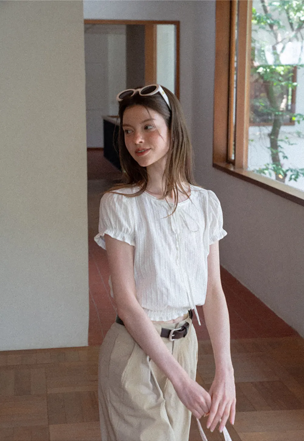 Pleated Short Sleeve Blouse with Ruffled Neckline