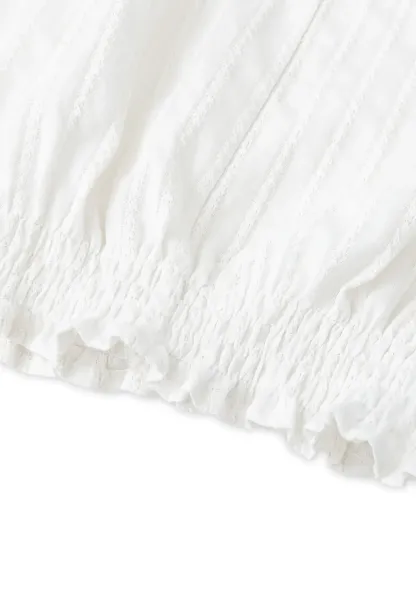 Pleated Short Sleeve Blouse with Ruffled Neckline
