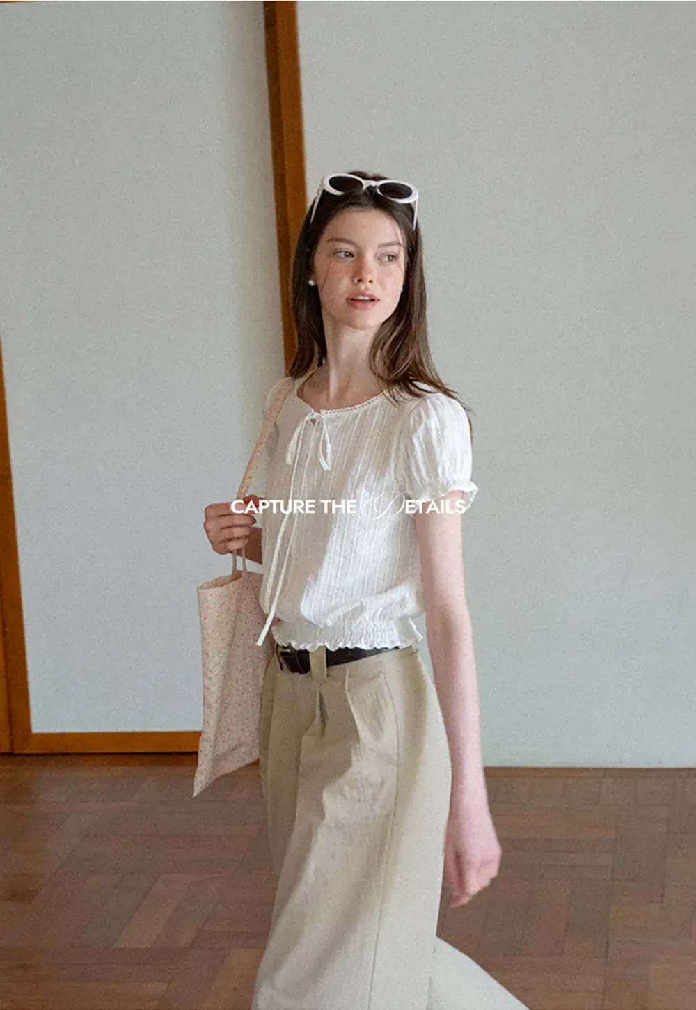 Pleated Short Sleeve Blouse with Ruffled Neckline