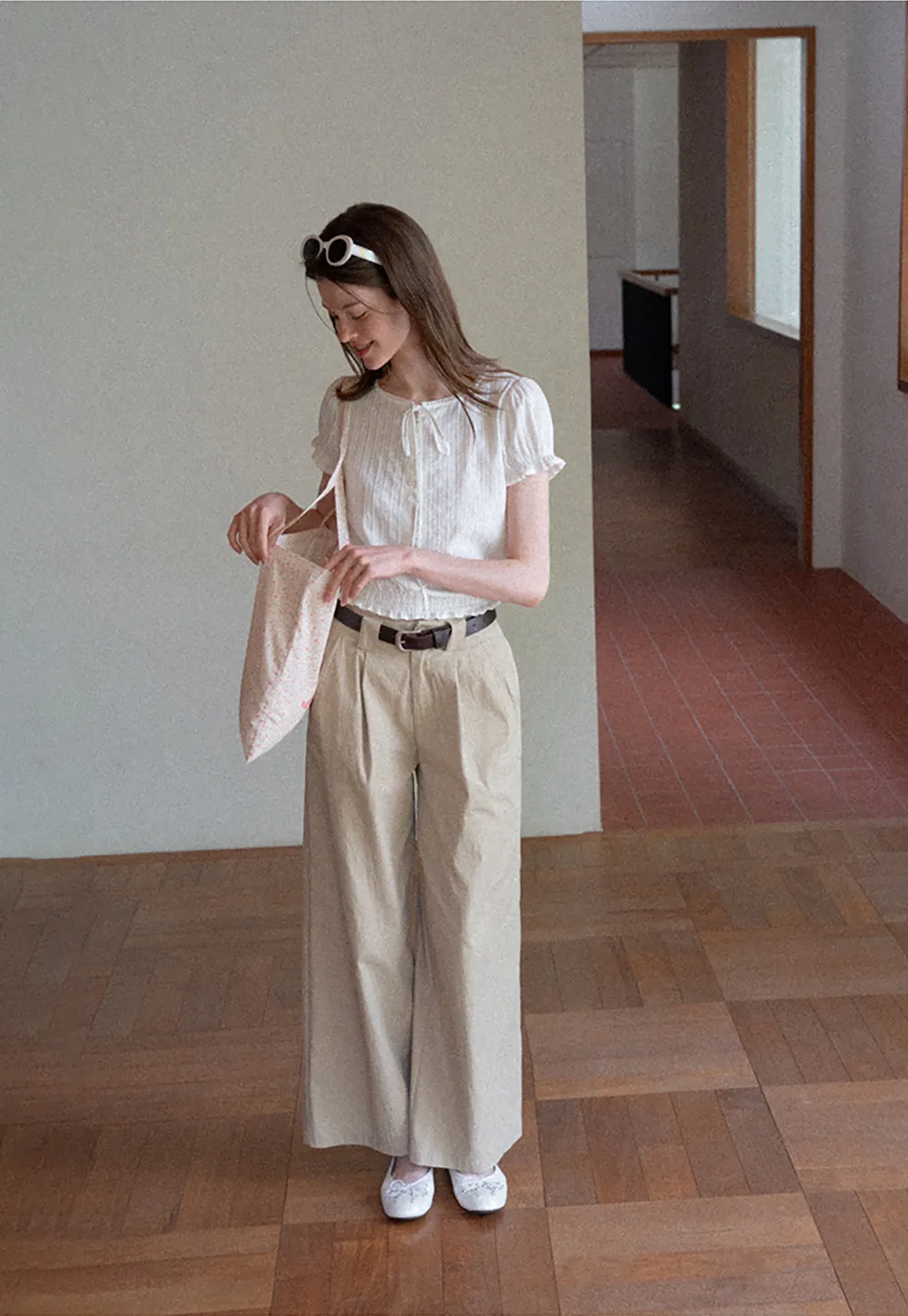 Pleated Short Sleeve Blouse with Ruffled Neckline