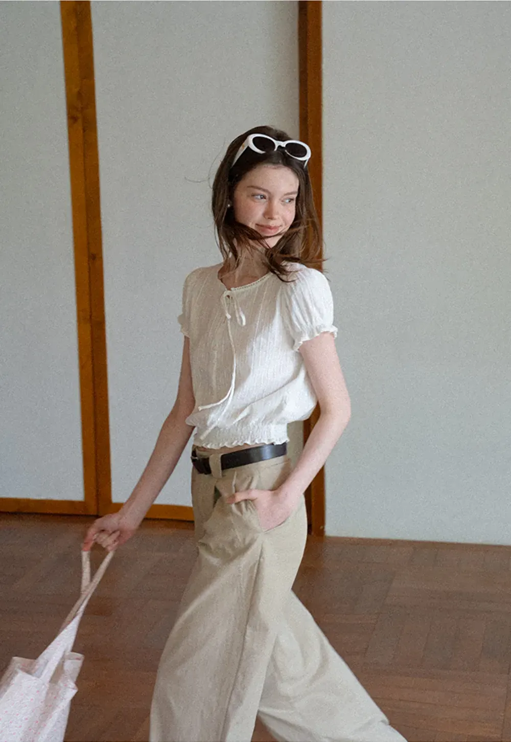 Pleated Short Sleeve Blouse with Ruffled Neckline