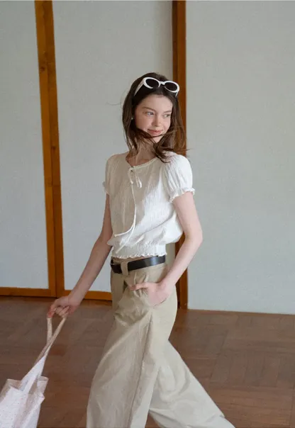 Pleated Short Sleeve Blouse with Ruffled Neckline