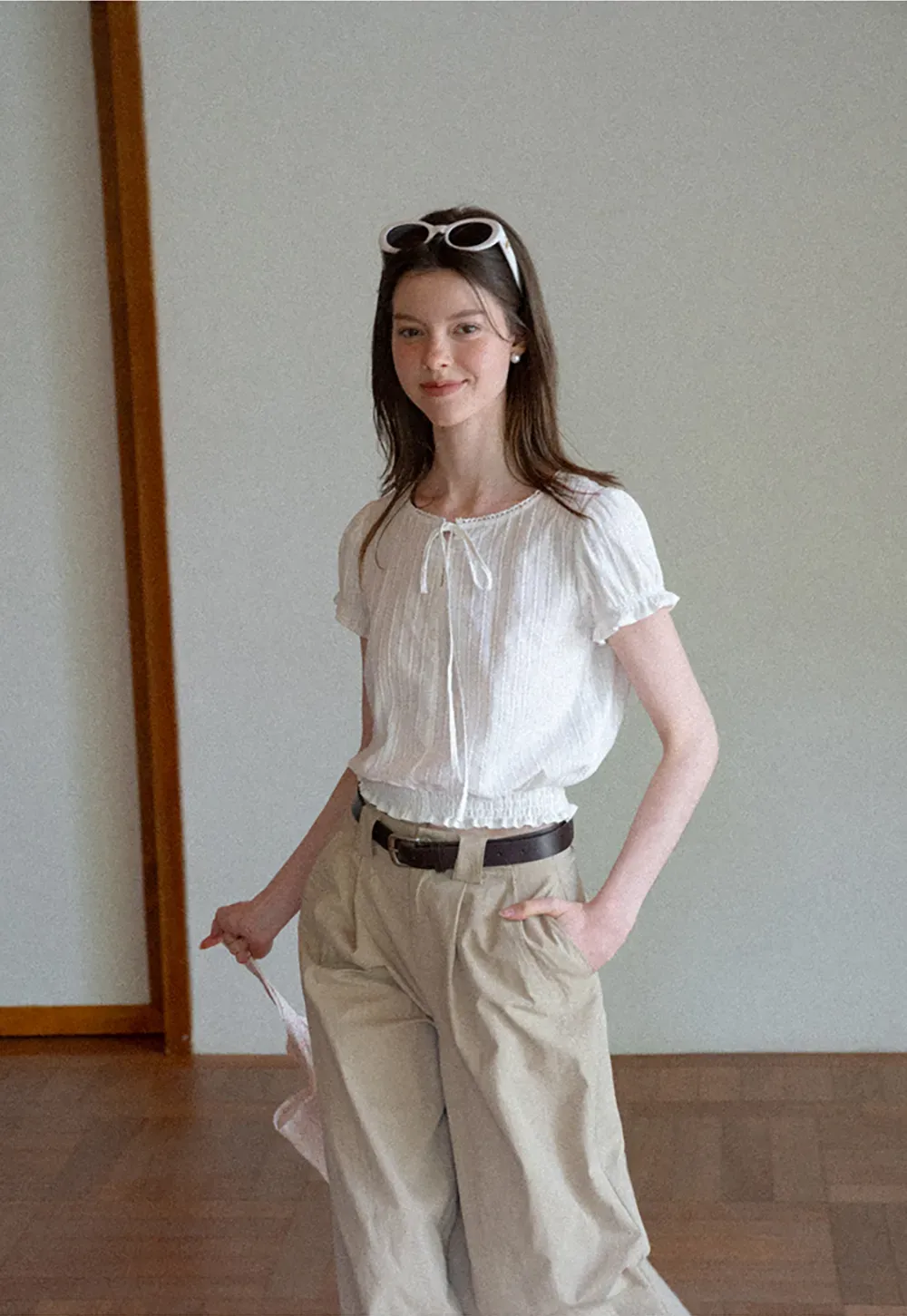 Pleated Short Sleeve Blouse with Ruffled Neckline