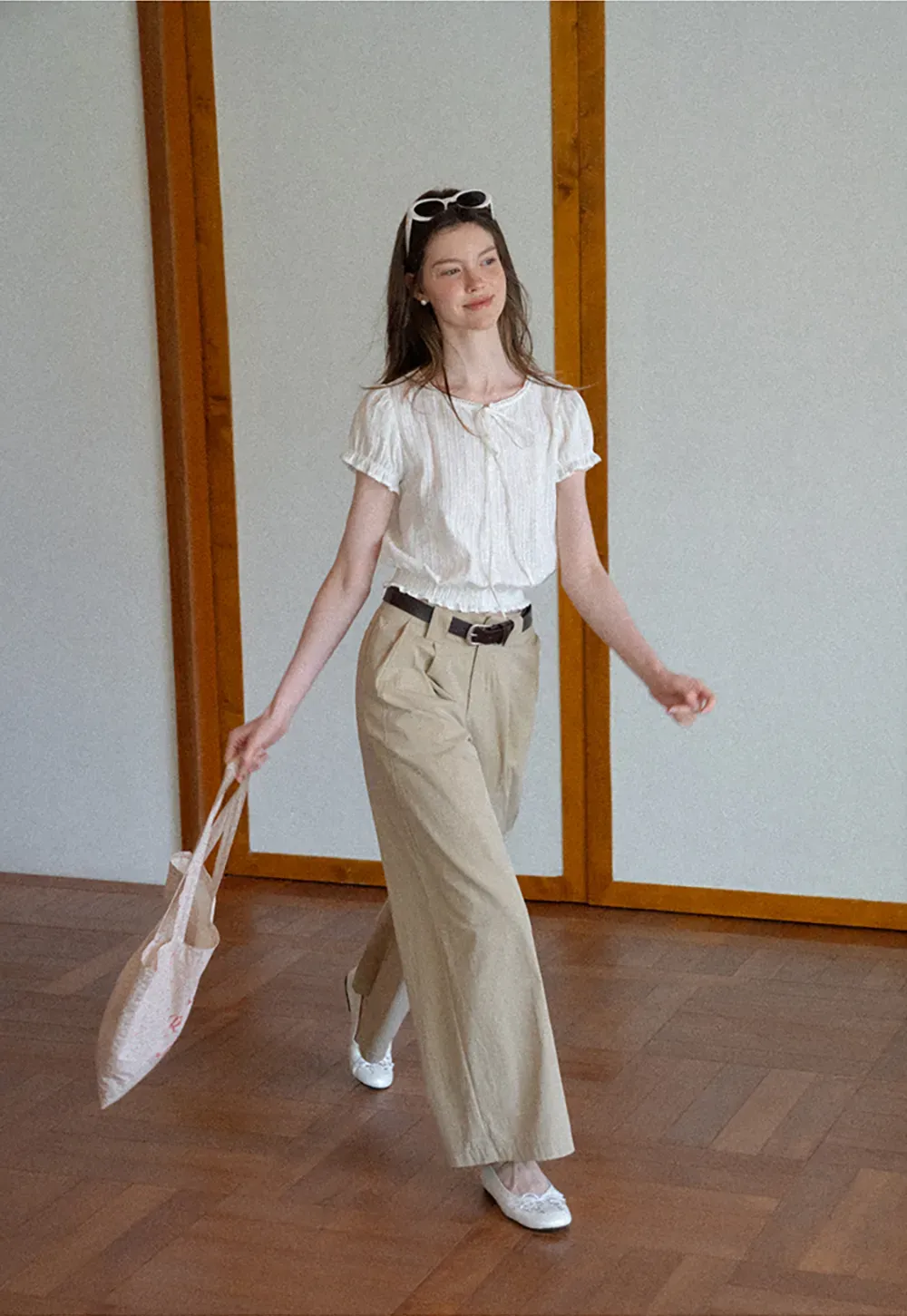 Pleated Short Sleeve Blouse with Ruffled Neckline