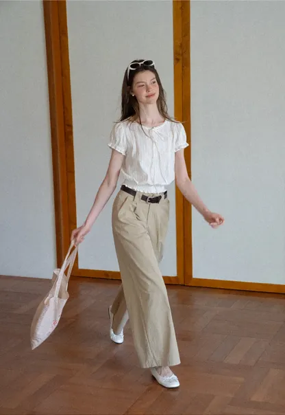 Pleated Short Sleeve Blouse with Ruffled Neckline