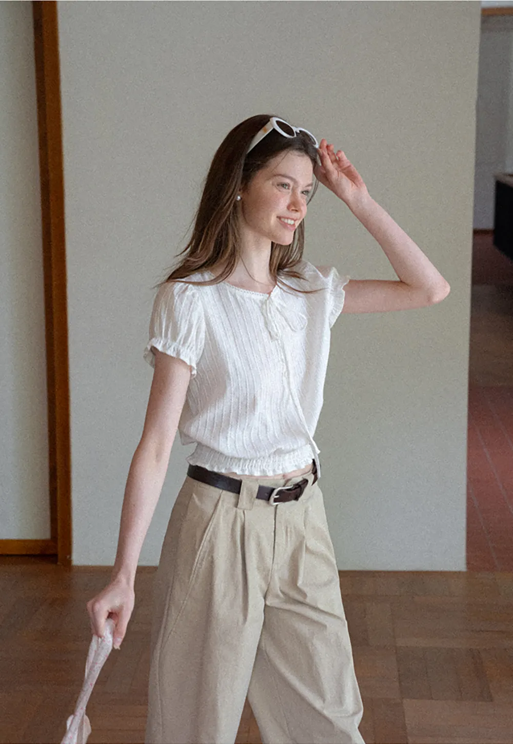 Pleated Short Sleeve Blouse with Ruffled Neckline