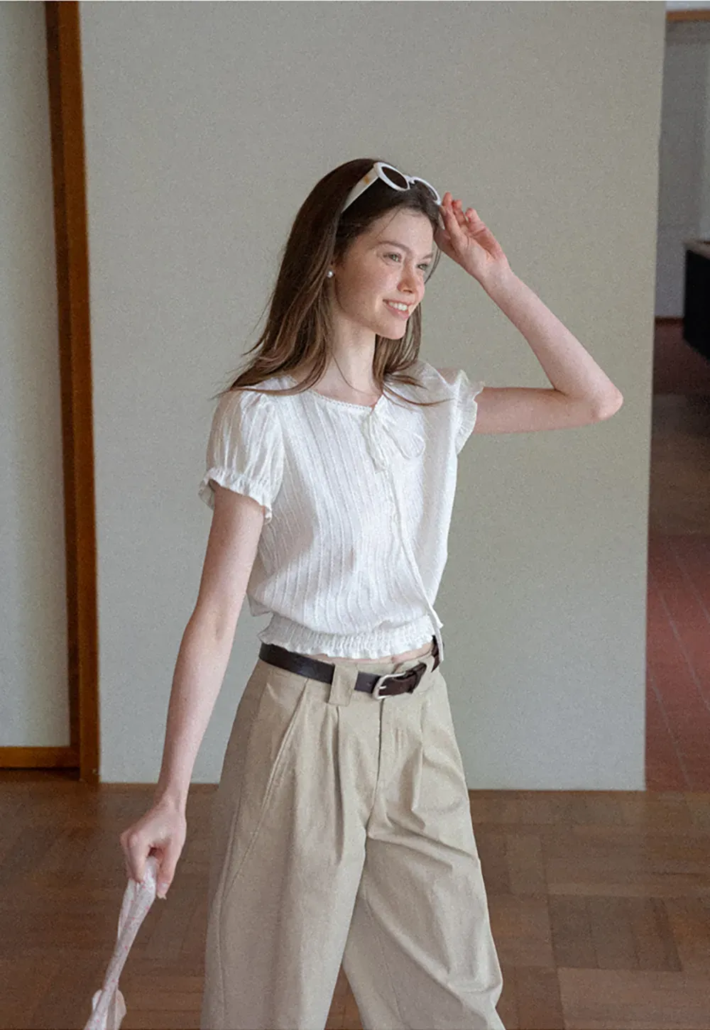 Pleated Short Sleeve Blouse with Ruffled Neckline