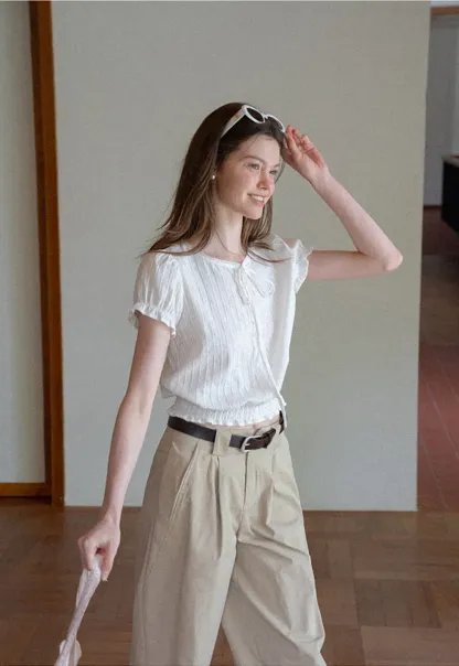 Pleated Short Sleeve Blouse with Ruffled Neckline