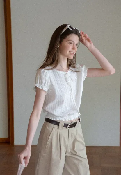 Pleated Short Sleeve Blouse with Ruffled Neckline