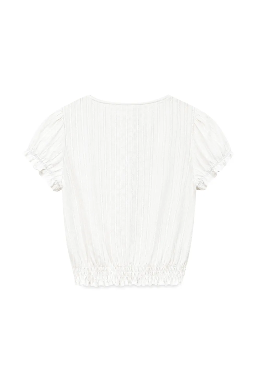 Pleated Short Sleeve Blouse with Ruffled Neckline
