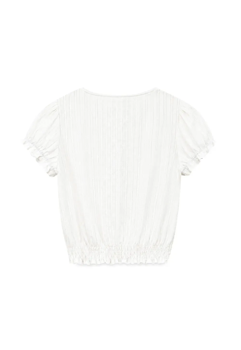 Pleated Short Sleeve Blouse with Ruffled Neckline