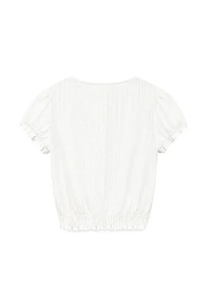 Pleated Short Sleeve Blouse with Ruffled Neckline