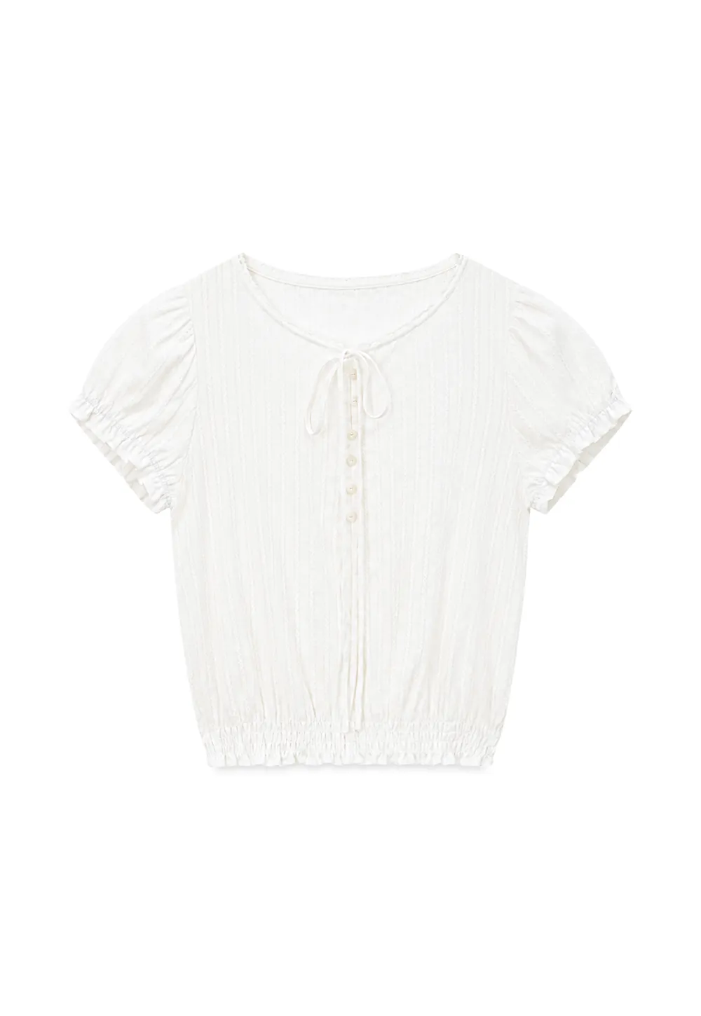 Pleated Short Sleeve Blouse with Ruffled Neckline
