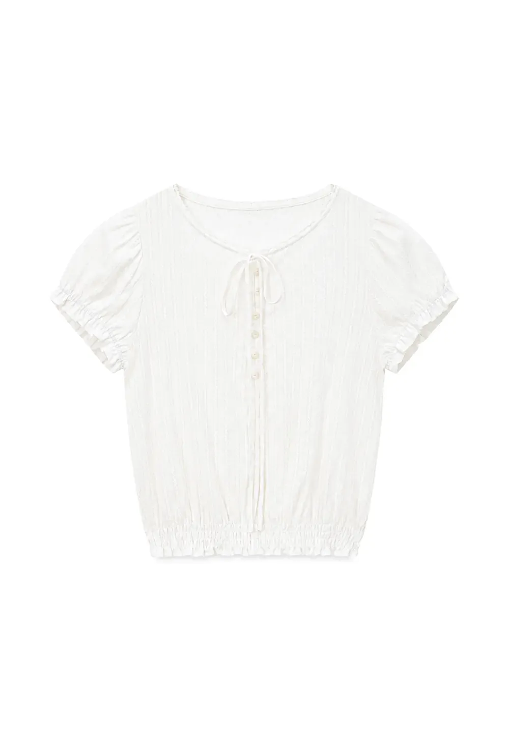 Pleated Short Sleeve Blouse with Ruffled Neckline