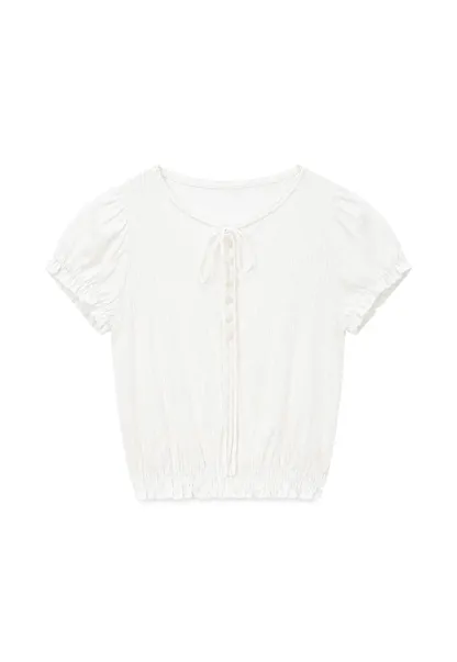 Pleated Short Sleeve Blouse with Ruffled Neckline