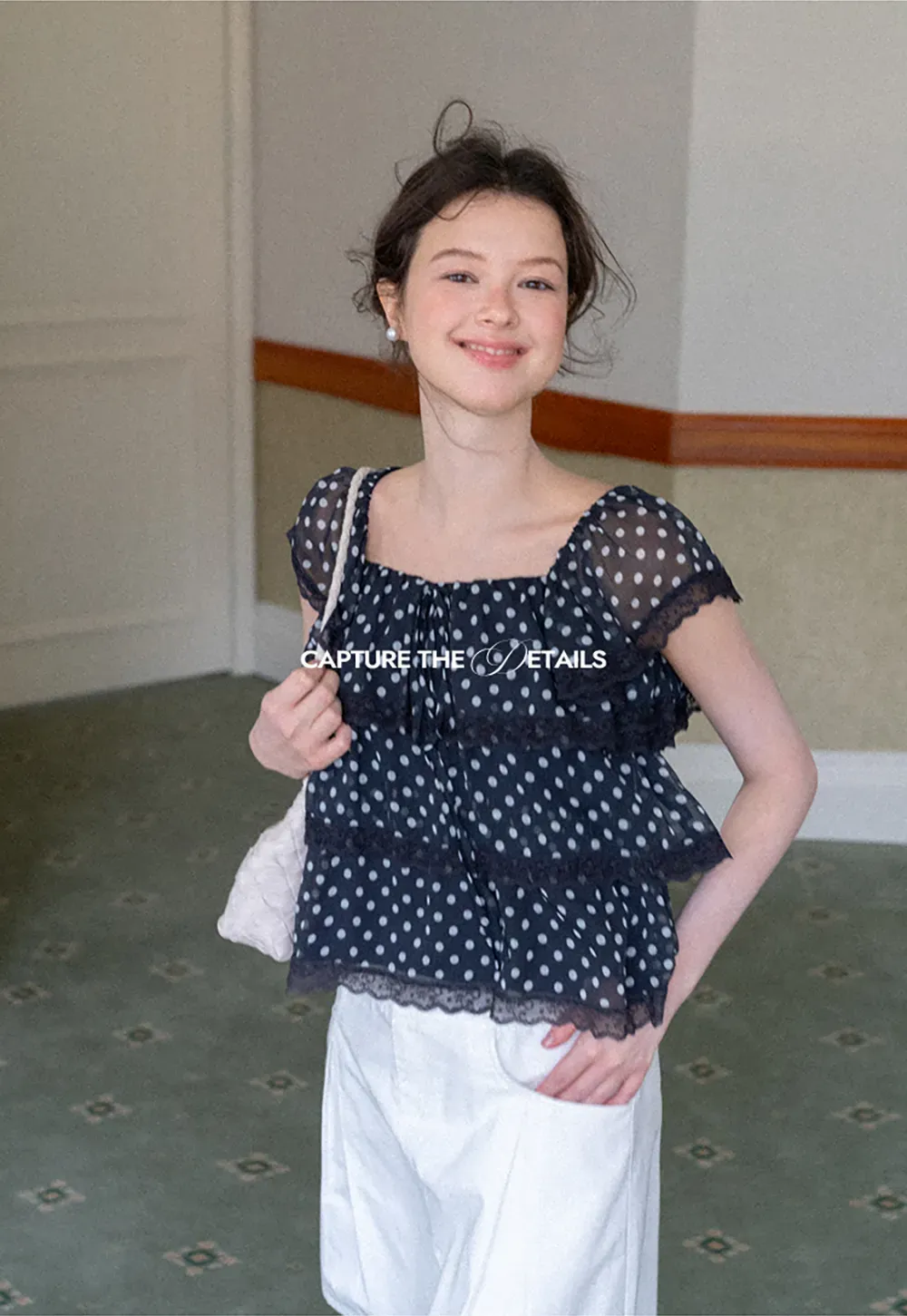 Polka Dot Sheer Ruffled Lace Trim Blouse
